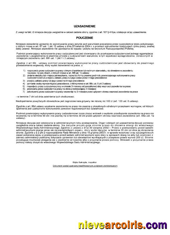 Poland foreigner work certificate page 2